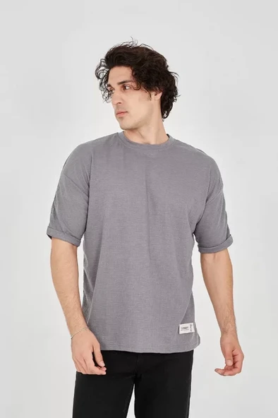 Unisex Jakar Kumaş Rahat Kol T-Shirt - Gri ürün görseli 1