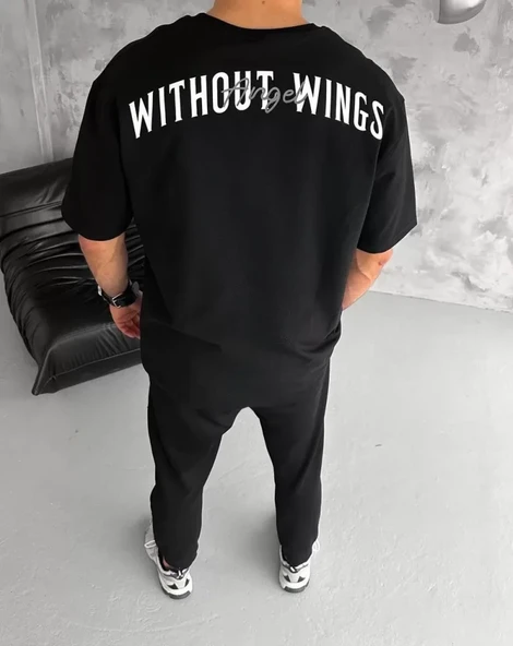 Unisex Bisiklet Yaka Baskılı Oversize T-Shirt - Siyah - Resim 3