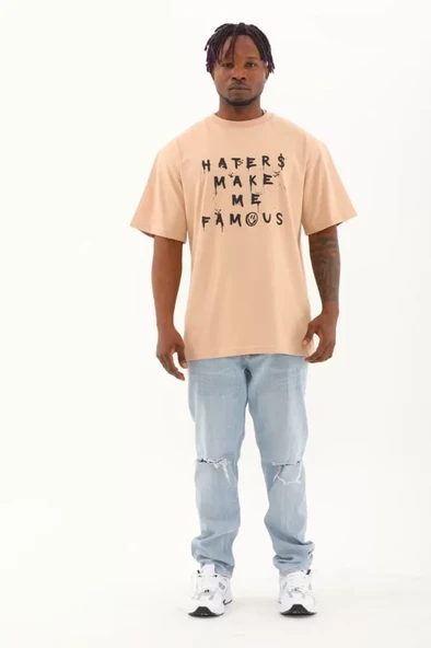 Unisex Oversize Baskılı Bisiklet Yaka T-Shirt - Bej - 8