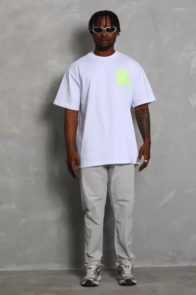 Unisex Oversize Baskılı Bisiklet Yaka T-Shirt - Beyaz - Resim 2