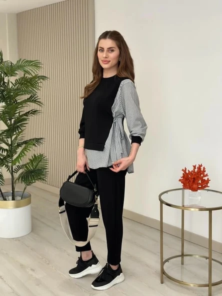 Kadın Gömlek Detay çizgili Yandan Bağlamalı Ikili Takım - Resim 9