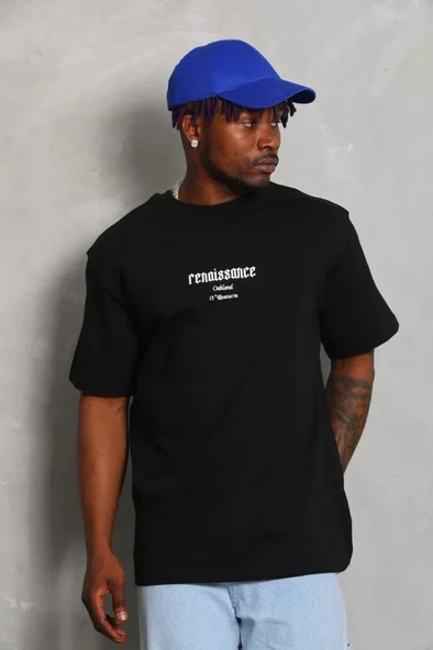 Unisex Oversize Baskılı Bisiklet Yaka T-Shirt - Siyah ürün görseli 1