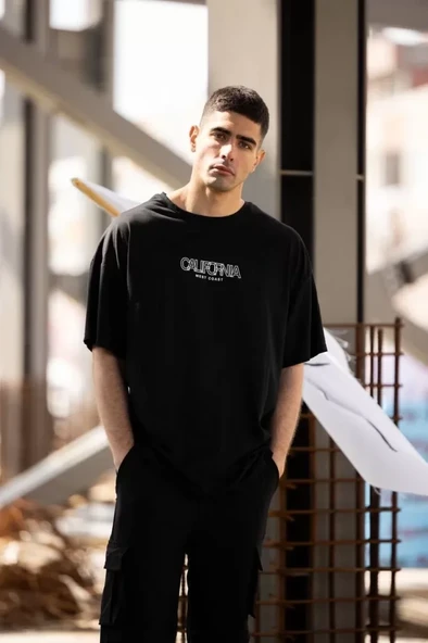 Unisex Bisiklet Yaka Baskılı Oversize T-Shirt - Siyah - 3
