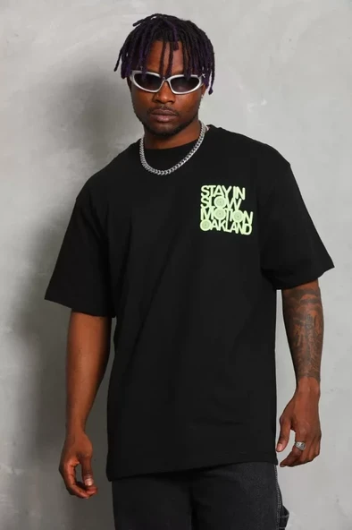 Unisex Oversize Baskılı Bisiklet Yaka T-Shirt - Siyah - 2