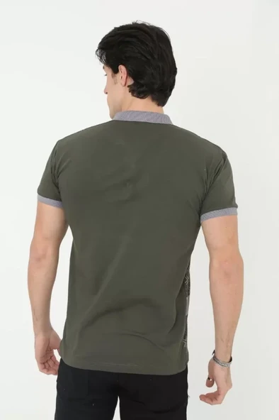 Erkek Yakalı Slim Fit Baskılı T-Shirt - Haki - Resim 2