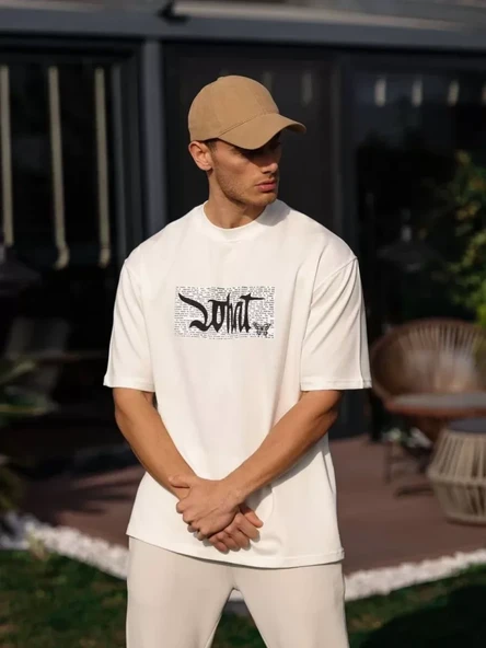 Unisex Bisiklet Yaka Baskılı Oversize T-Shirt - Beyaz ürün görseli 1