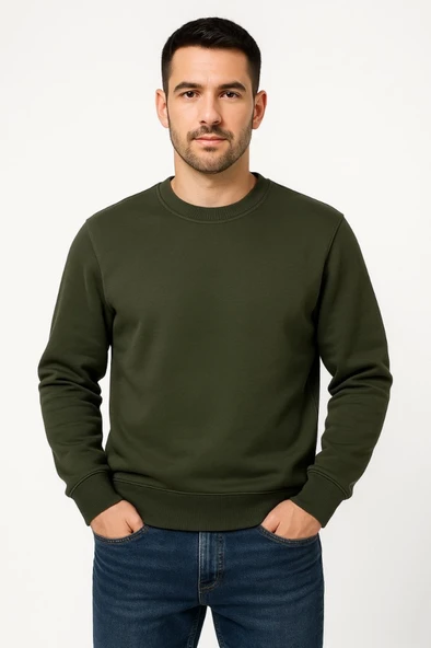 Erkek Üç İplik Düz Bisiklet Yaka SweatShirt - Haki - 4