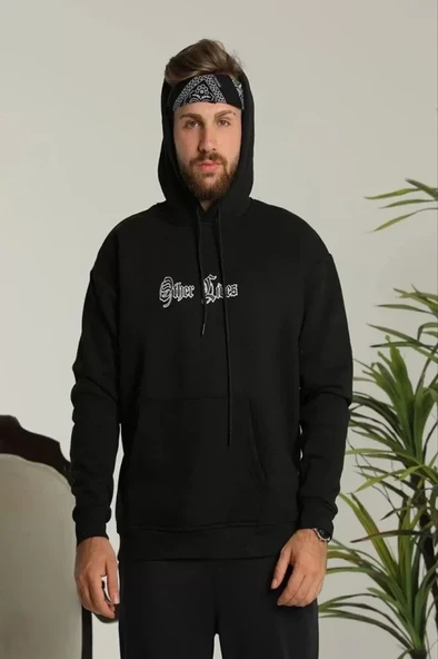 Erkek Sırt Baskılı Oversize Üç İplik Kapüşonlu Sweatshirt - Siyah - 3