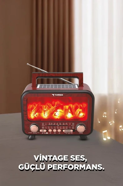 Torima D72 Kırmızı Ahşap Nostalji Kablosuz Speaker Bluetooth Hoparlör Radyo Solar Panelli - Resim 2