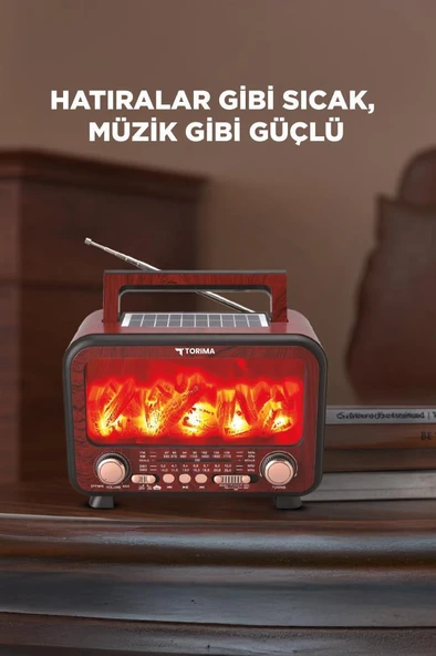 Torima D72 Kırmızı Ahşap Nostalji Kablosuz Speaker Bluetooth Hoparlör Radyo Solar Panelli - Resim 3