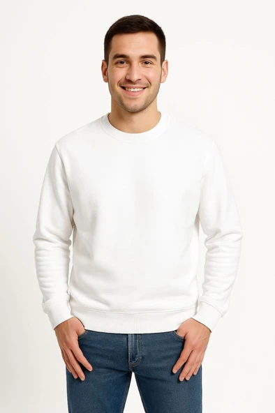 Erkek Üç İplik Düz Bisiklet Yaka SweatShirt - Beyaz - Resim 3