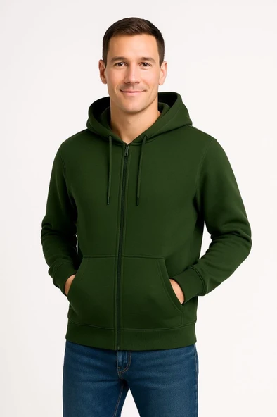 Erkek Üç İplik Kapüşonlu Tam Fermuarlı Kanguru Çepli SweatShirt Hoodie - Haki - 3