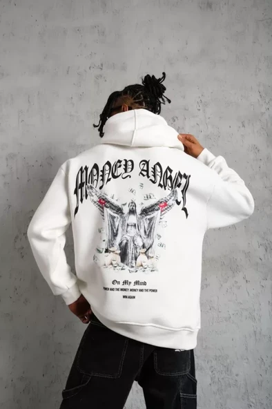 Erkek Kordon İpli Baskılı Kapüşonlu Sweatshirt - Beyaz - 4