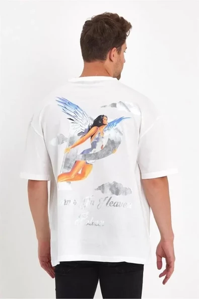 Erkek Melek Baskılı Oversize T-shirt - Beyaz ürün görseli 1