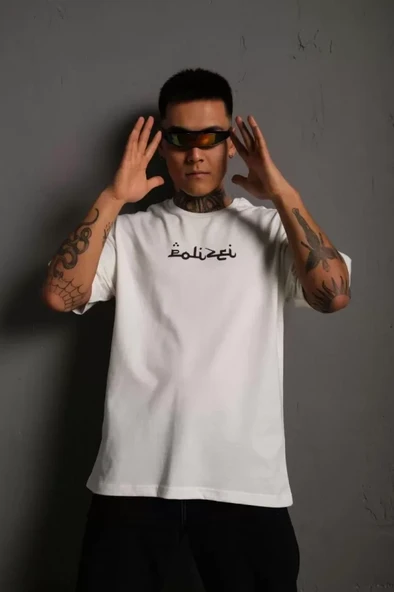 Erkek Bisiklet Yakalı Sırt Baskılı Oversize T-Shirt - Beyaz - Resim 2