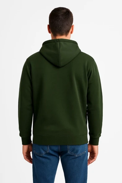 Erkek Üç İplik Kapüşonlu Tam Fermuarlı Kanguru Çepli SweatShirt Hoodie - Haki - 2