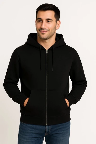 Erkek Üç İplik Kapüşonlu Tam Fermuarlı Kanguru Çepli SweatShirt Hoodie - Siyah - Resim 2