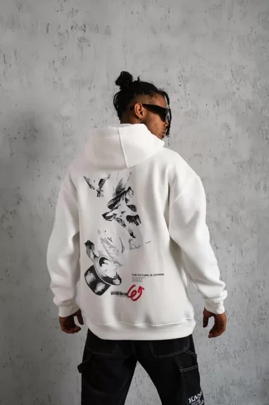 Erkek Şapkalı Güvercin Baskılı Kapşonlu Sweat - Beyaz - 4