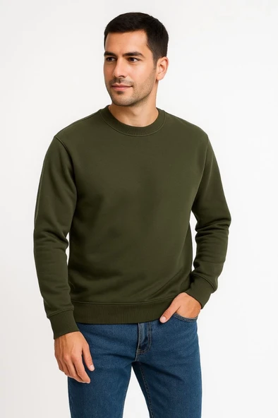 Erkek Üç İplik Düz Bisiklet Yaka SweatShirt - Haki - 3