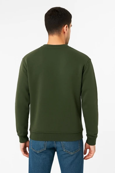 Erkek Üç İplik Düz Bisiklet Yaka SweatShirt - Haki - 2