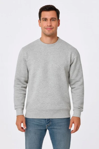 Erkek Üç İplik Düz Bisiklet Yaka SweatShirt - Gri ürün görseli