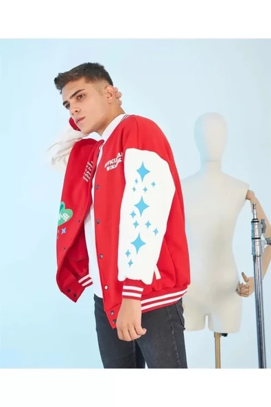 Erkek Kolları Yıldız Sırt Baskılı Oversize Kolej Ceket - Kırmızı - 2