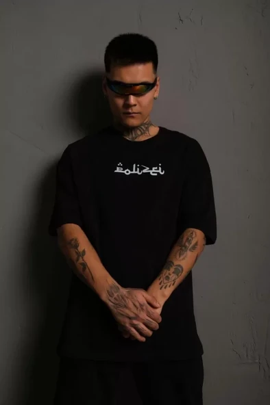 Erkek Bisiklet Yakalı Sırt Baskılı Oversize T-Shirt - Siyah - 2