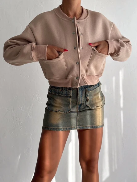 3 iplik şardonlu Önü çıtçıtlı cepli ceket bej f2226 - Resim 5