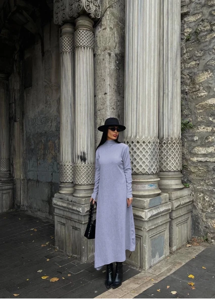 Boğazlı kalın bürümcük uzun elbise gri - Resim 4