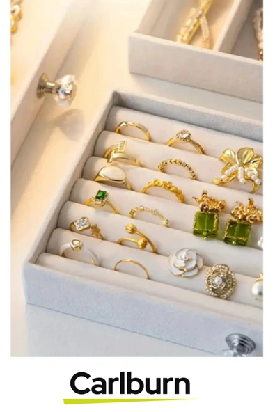 Özel Tasarım Çok Gözlü Saydam Kapak Yüzük Küpe Kolye Kadife Kaplı Üç Katlı Takı Organizeri - 4