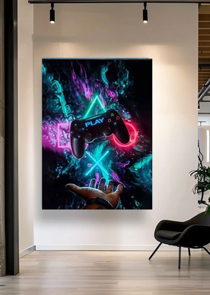 Playstation Gamepad Neon Kanvas Tablo  Gamer Oyun Odası Duvar Dekorasyonu süsü