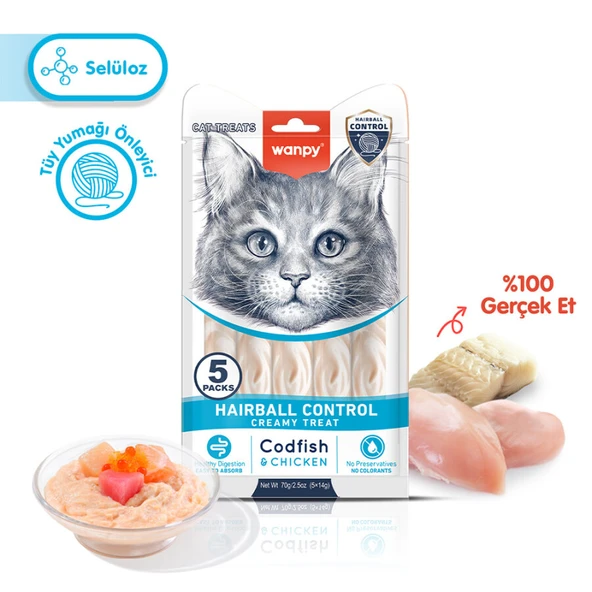 Wanpy Hairball Control Morina balığı&Tavuk 5x14 gr Krema Kedi Ödül Maması Skt:02/2027
