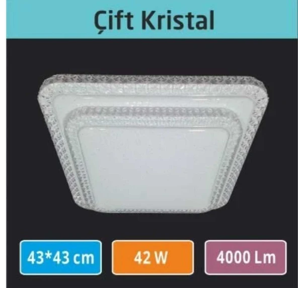 Sıva Üstü Led Panel 42W 43X43 cm çapında Model Çift  Kristal  Led Avize Beyaz Işık