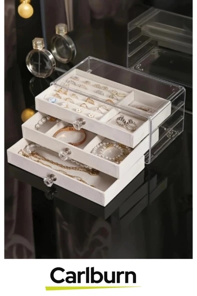 Özel Tasarım Çok Gözlü Saydam Kapak Yüzük Küpe Kolye Kadife Kaplı Üç Katlı Takı Organizeri - 3