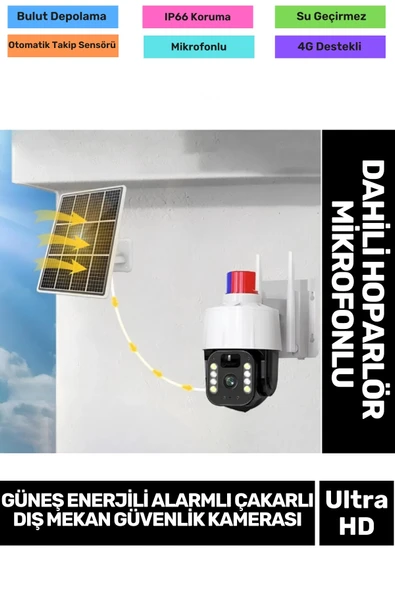 IP66 Suya Karşı Koruma Renkli Gece Görüşlü Güneş Enerjili Alarmlı Çakarlı Dış Mekan Güvenlik Kamera