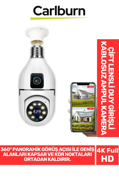 360° Panoramik Görüş 4K Full HD Çift Lensli E27 Duy Girişli 8 MP Kablosuz Ampul Kamera