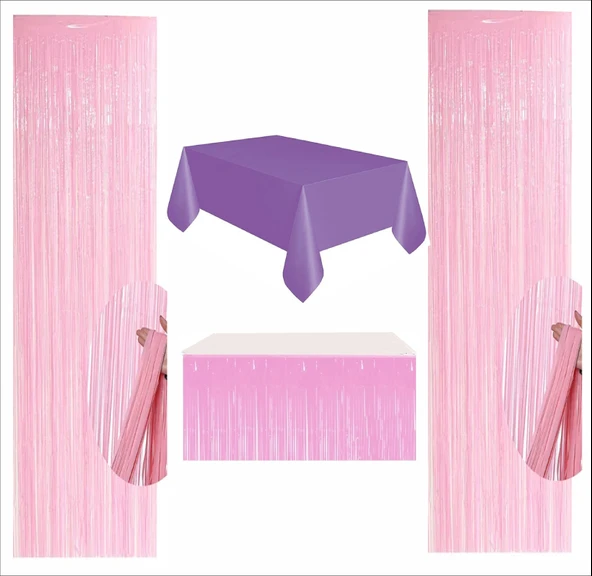 Mor Masa Örtüsü, Pembe Masa Eteği, 2 Pembe Arka Fon ürün görseli 1