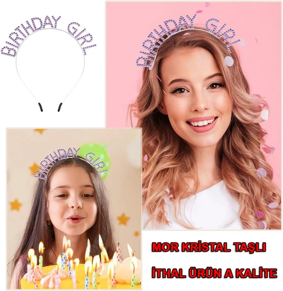 Mor Renk Kristal Taşlı Parlak Birthday Girl Yazılı Taç ürün görseli