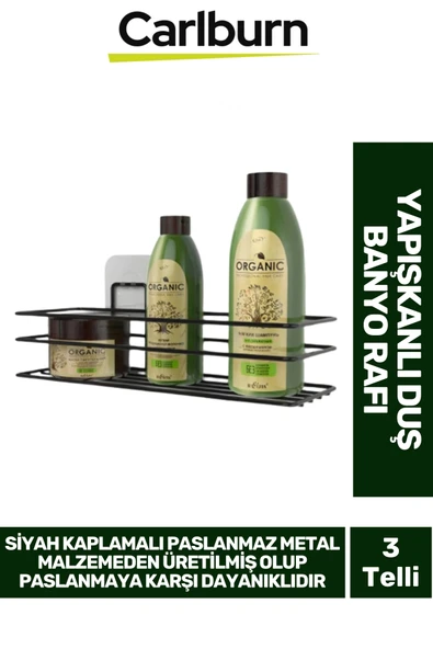 Siyah Kaplama Paslanmaz Metal Su Birikimi Yapmaz Şeffaf Yapışkanlı 5 KG Taşıyabilen Duş Banyo Rafı