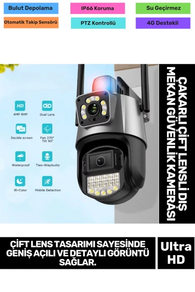 IP66 Su Geçirmez Tam Renkli Görüntüleme Hareket Sensör Çakarlı Çift Lensli Dış Mekan Güvenlik Kamera