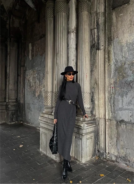 Boğazlı kalın bürümcük uzun elbise siyah ürün görseli 1