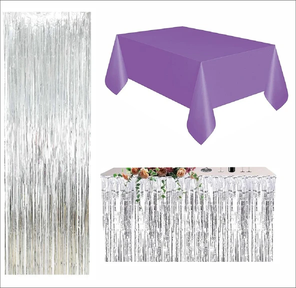 Mor Masa Örtüsü, Gümüş Masa Eteği, Gümüş Arka Fon ürün görseli 1