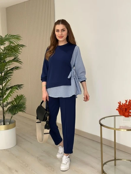 Kadın Gömlek Detay çizgili Yandan Bağlamalı Ikili Takım - 8