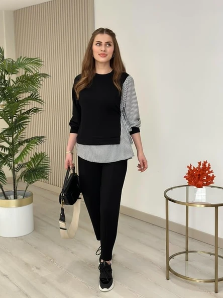 Kadın Gömlek Detay çizgili Yandan Bağlamalı Ikili Takım - Resim 6