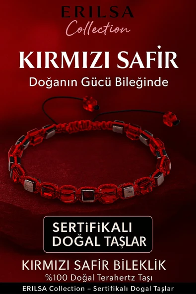 Sertifikalı 8mm Küp Kesim Terahertz - Kırmızı Safir Doğal Taş Bileklik - Kadın Erkek Şık Tasarım ürün görseli