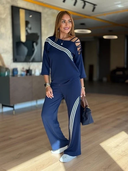 Kadın Fakir Kollu Omuz Dekolteli çapraz Ribana Detay Bluz Ve Pantolon Ikili Takım - Resim 2