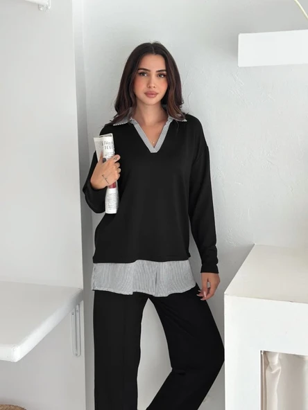 Polo Yaka Gömlek Detay Salaş Balon Pantolunlu ıkılı Takım - Resim 2