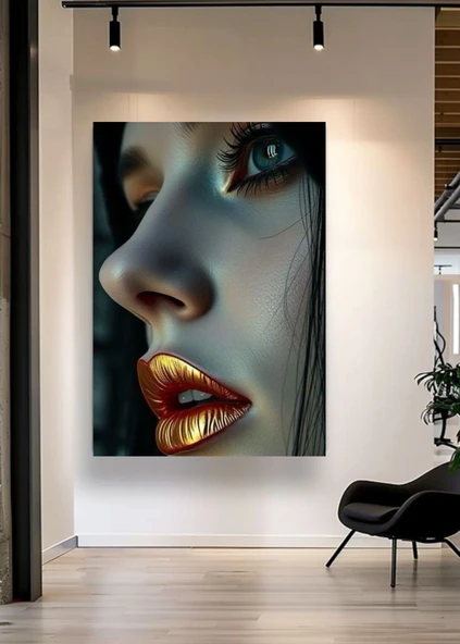 Altın Dudak Sanatsal Kadın Portre Kanvas Tablo  Modern Duvar Dekorasyonu