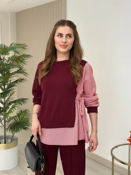 Kadın Gömlek Detay çizgili Yandan Bağlamalı Ikili Takım - 8