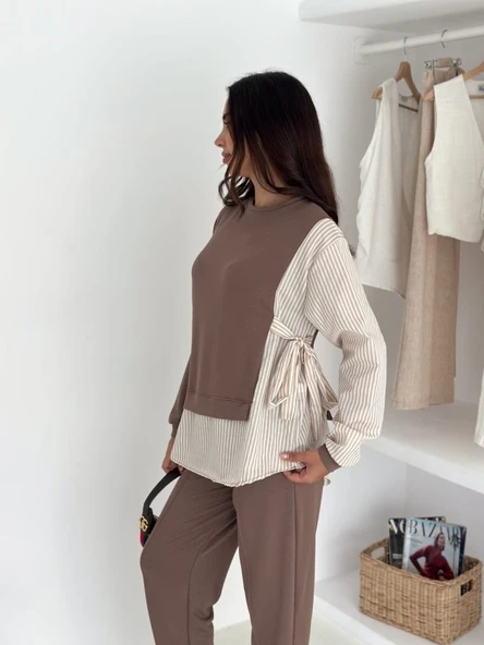 Kadın Gömlek Detay çizgili Yandan Bağlamalı Ikili Takım - 3